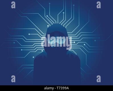 Virtual reality modern technology concept. Vector of a man in VR headset glasses on dark background with lines of internet network connections. Stock Vector