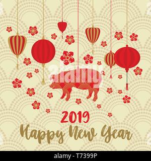 Chinese New Year Background on Gold. Asian Lantern Lamps with Sakura and pig. Stock Vector