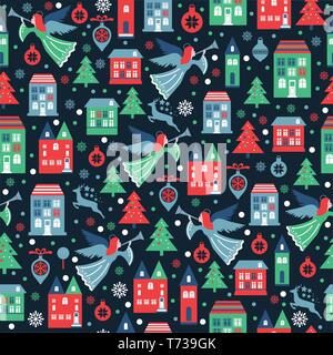 Seamless pattern with snowflakes and angels for Christmas packaging, textiles, wallpaper. Stock Vector