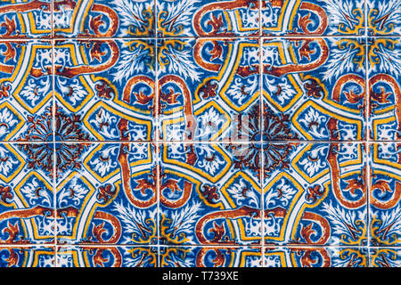 Azulejo is a form of Portuguese or Spanish painted, tin-glazed, ceramic tile work. Azulejos is traditional Portugese tiles in Aveiro. Architecture orn Stock Photo