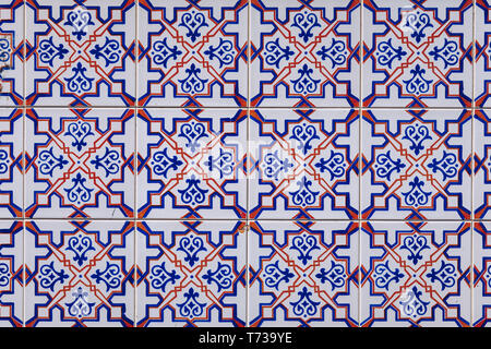 Azulejo is a form of Portuguese or Spanish painted, tin-glazed, ceramic tile work. Azulejos is traditional Portugese tiles in Aveiro. Architecture orn Stock Photo