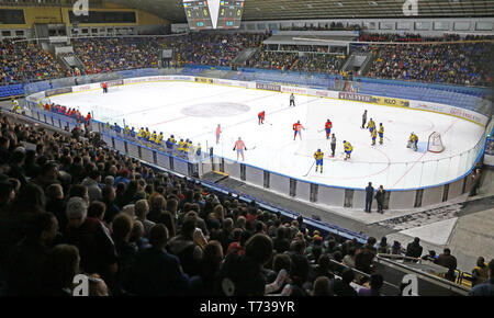 KYIV, UKRAINE - APRIL 20, 2018: Panoramic view of Palace of Sports in Kyiv during the IIHF 2018 Ice Hockey U18 World Championship Div 1B game Ukraine  Stock Photo