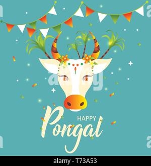 Happy Pongal. Decorated cow and rice in traditional pot. Greeting card for Indian harvesting festival. Stock Vector