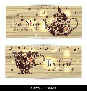 Vector banners of tea on wooden background. Teapot and cup of tea. Set of icons on banners. Stock Vector