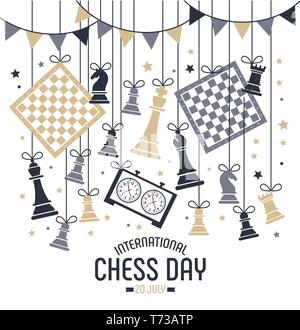 International chess day is celebrated annually on July 20, chess pieces Board and clock. Stock Vector