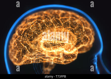 3D illustration. X-ray of the head and human brain in concept of neural connections and electrical pulses. Stock Photo