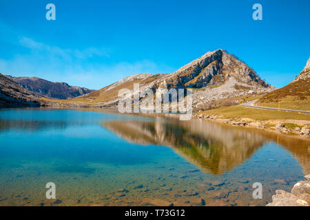 Peaks of Europe (Picos de Europa) National Park. A glacial Lake Enol. Asturias, Spain, Europe Stock Photo