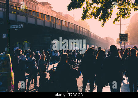 Berlin, Germany - May 01, 2019:Many people on crowded street celebrating labor day in Berlin, Kreuzeberg Stock Photo