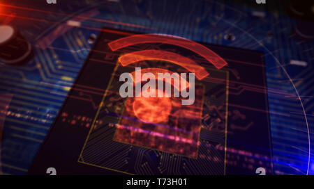 Wifi hologram icon abstract concept. Wireless communication and hotspot symbol over working cpu in background. Futuristic circuit board 3d illustratio Stock Photo