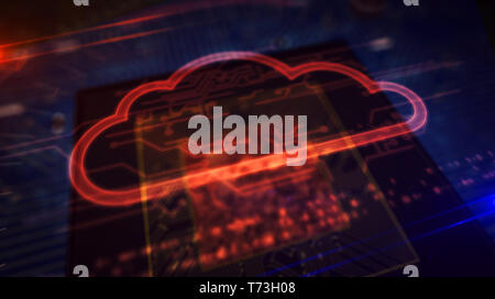 Digital computing concept with cloud hologram display over cpu in background. Cyber security, server, data storage and computer analyzing abstract 3d  Stock Photo