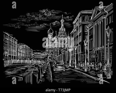 Cityscape of Church of the Savior on Blood in Saint Petersburg, Russia and embankment of river. Isolated vector hand drawing illustration in white col Stock Vector