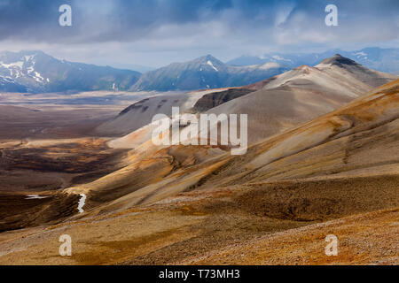 View of rainbow coloured pumice, clay, rock in the Valley of Ten Thousand Smokes in summer, Buttress Range, Katmai National Park and Preserve Stock Photo