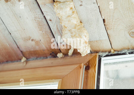 Foam between the concrete wall and the wooden frame Stock Photo