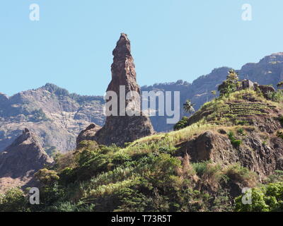 Mountain peak in Xo-Xo valley at Santo Antao island in Cape Verde landscapes with clear blue sky in 2019 warm sunny spring day on April. Stock Photo