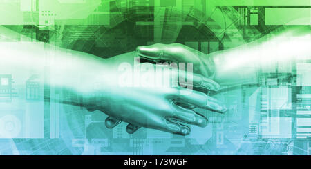 Digital Partnership with Handshake Between Man and Machine Stock Photo