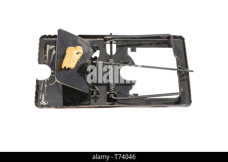 steel mouse trap and bait, dirty mouse trap isolated on white background High resolution image gallery. Stock Photo