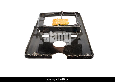 steel mouse trap and bait, dirty mouse trap isolated on white background High resolution image gallery. Stock Photo