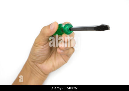 Male hand holding green screwdriver, man hand isolated on white background High resolution image gallery. Stock Photo