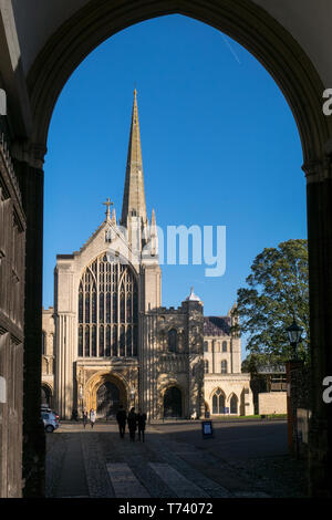 Norwich Cathedral with it Spire viewed though Erpingham Gate, Norwich, Norfolk, England, UK Stock Photo