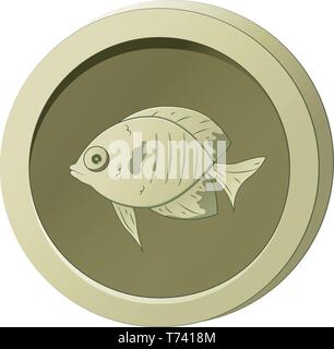 Olive-colored coin with the image of a fish. Vector illustration for game design Stock Vector