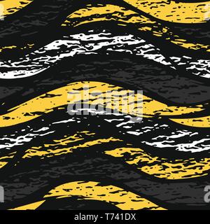 Vector dark grunge seamless pattern. Abstract horizontal shapes with texture. Urban art style. Trendy background in bright yellow color on black Stock Vector