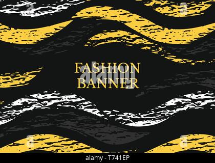 Vector dark grunge banner. Abstract horizontal shapes with texture. Urban art style. Trendy background in bright yellow color on black Stock Vector