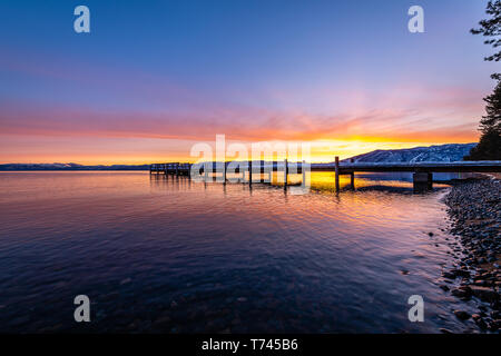 Sunrise from Valhalla Pier in South Lake Tahoe Stock Photo