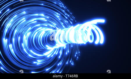 blue fiber optic cables vortex. glass strings glowing in dark. 3d illustration Stock Photo