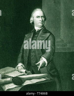 SAMUEL ADAMS (1722-1803) American statesman and Founding Father shown pointing at at the Massachusetts Charter in an engraving based on a portrait about 1772 Stock Photo