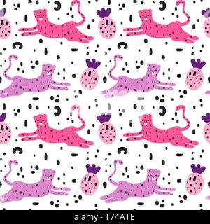 cute trendy abstract seamless vector pattern background illustration with leopards, pineapples and brush strokes Stock Vector