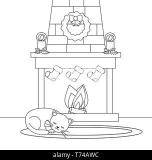 cute cartoon black and white vector home interior with Christmas tree, gifts and a cat lying sleeping illustration for coloring art Stock Vector