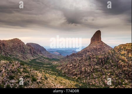 Weavers Needle in the Superstition Mountains National Monument in Central Arizona on a cloudy, fall day; Arizona, United States of America Stock Photo