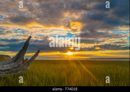 The sun setting over Cook Inlet on a summers night as seen from Earthquake Park near Anchorage; Alaska, United States of America Stock Photo