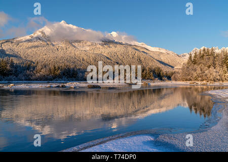 Winter afternoon along the shoreline of Mendenhall River, Tongass National Forest; Juneau, Alaska, United States of America Stock Photo