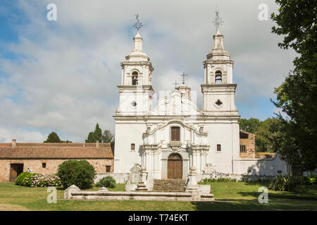 The front of the Spanish colonial church of Santa Catalina in Argentina, with its two flanking bell towers; Jesus Maria, Cordoba, Argentina Stock Photo