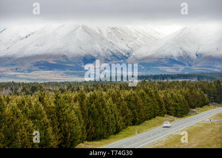Mount Cook Road and Dobson Valley at spring; South Island, New Zealand Stock Photo