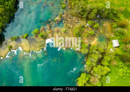 Croatian nature, beautiful waterfalls on Mreznica river from air, panoramic view in spring, popular tourist destination Stock Photo