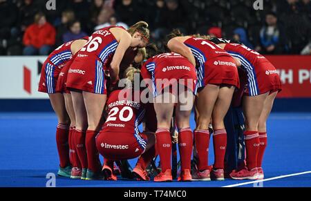 London, UK. 3rd May, 2019. The Great Britain team huddle. Great Britain v China. Womens hockey. FIH Pro League. Lee Valley Hockey and Tennis Centre. London, UK. 03rd May, 2019. Credit: Sport In Pictures/Alamy Live News Stock Photo