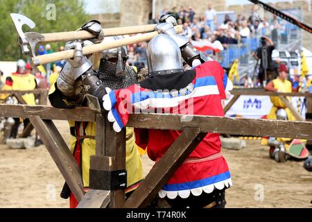 Smederevo. 2nd May, 2019. Competitors clash at the opening day of the 10th World National HMB (Historic Medieval Battle) Championship in Smederevo, Serbia on May 2, 2019. Fighters from 40 countries gathered in the Serbian city of Smederevo for an unusual international tournament that recreates historic battle techniques-the World National HMB Championship. The Chinese team is made up of 27 members, and it is China's third appearance at the event. Credit: Nemanja Cabric/Xinhua/Alamy Live News Stock Photo