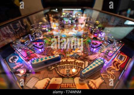 Munich, Germany. 03rd May, 2019. Oktoberfest stands on a pinball machine with the theme of the famous German folk festival. The German Pinball Championship starts on 04.05.2019 in Bavaria. Credit: Lino Mirgeler/dpa/Alamy Live News Stock Photo