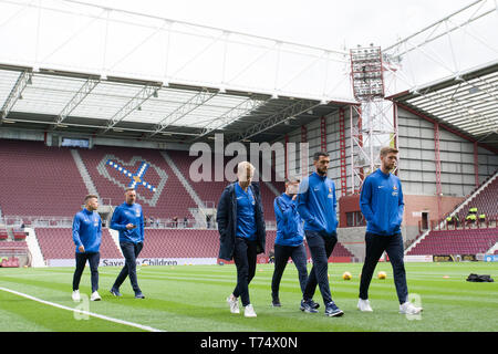 Edinburgh, UK. 04th May, 2019. Edinburgh, UK. May 04 2019. Kilmarnock players arrive before the Ladbrokes Premiership match between Hearts and Kilmarnock at Tynecastle Park on May 04 2019 in Edinbugh, UK. Editorial use only, licence required for commercial use. No use in Betting, games or a single club/league/player publication. Credit: Scottish Borders Media/Alamy Live News Stock Photo