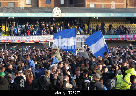 Southend on Sea, UK. 04th May, 2019. Southend United's fans celebrate at the end of the Sky Bet League 1 match between Southend United and Sunderland at Roots Hall, Southend on Saturday 4th May 2019. (Credit: Mark Fletcher | MI News) Editorial use only, license required for commercial use. No use in betting, games or a single club/league/player publications. Photograph may only be used for newspaper and/or magazine editorial purposes. Credit: MI News & Sport /Alamy Live News Stock Photo