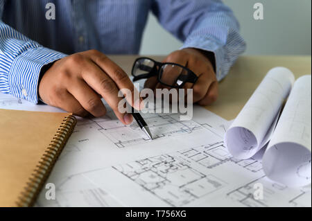 Architects working laptop  interior Architect workplace Construction concept tools Stock Photo
