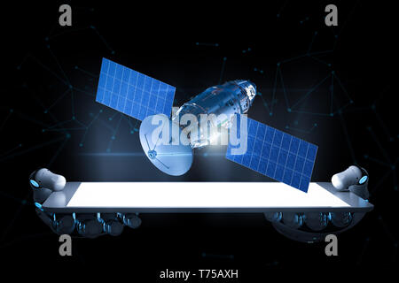 Telecommunication technology concept with 3d rendering satellite dish with robotic arms Stock Photo