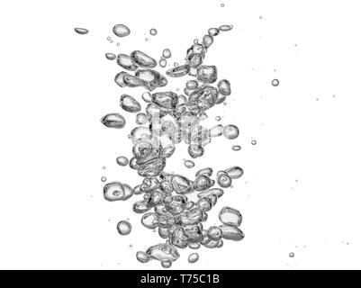 Group of unterwater bubbles rising in clear fresh water isolated on white background Stock Photo