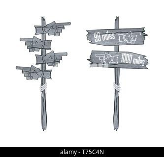 pointer from the old tree.It shows in different directions. Broken boards and a rope tied Stock Vector