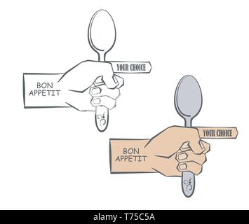 hand holding a spoon, and shows the direction for customers.   on a white background, to advertise your business cafe and restaurant. vector illustrat Stock Vector