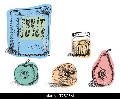 box with a glass of juice and lie below the apple , orange and pear Stock Vector