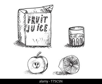 box with a glass of juice and lie below the apple , orange and pear Stock Vector