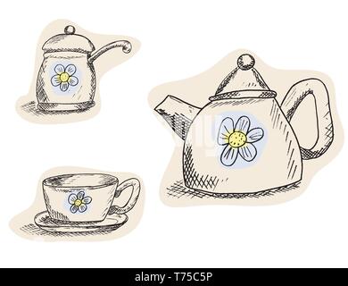table set from the teapot, sugar bowl and a cup Stock Vector